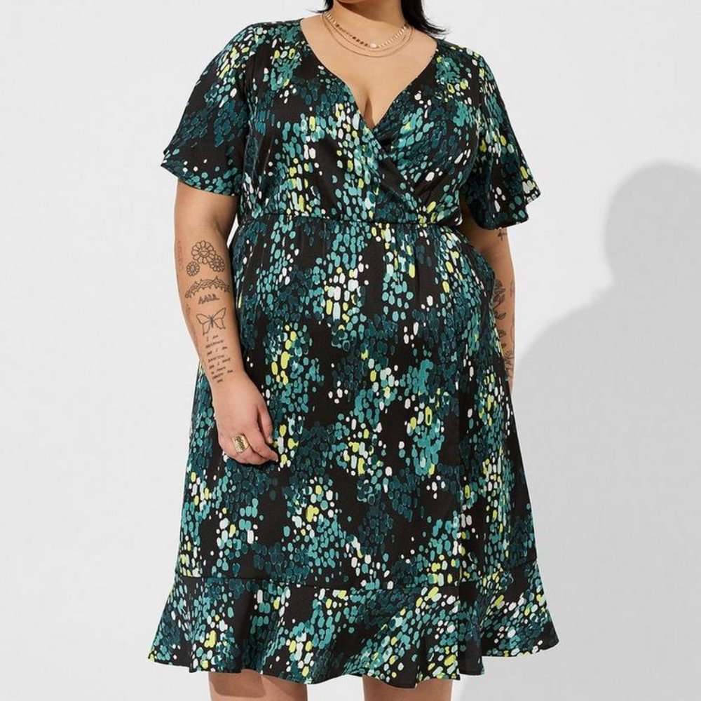 Torrid NWT Midi Teal Bubble Charm Flutter Sleeve Wrap Dress Size 0 (L 12)